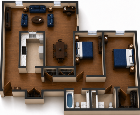 Floor plan for 2 beds, 2 baths, 1290 sqft